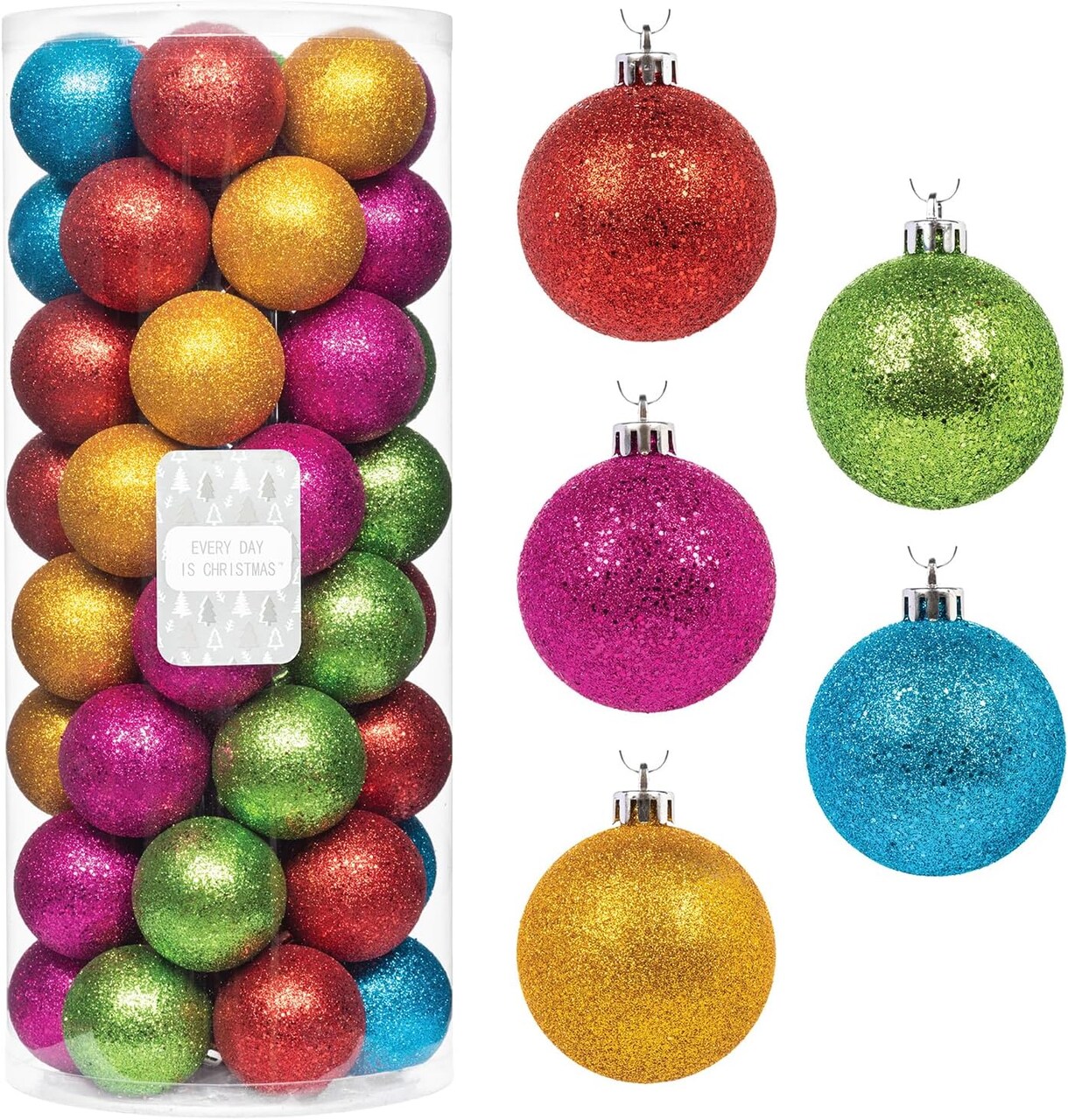 Shatterproof Christmas Tree Ornament Set (2.24"/57mm, Glitter Rainbow)